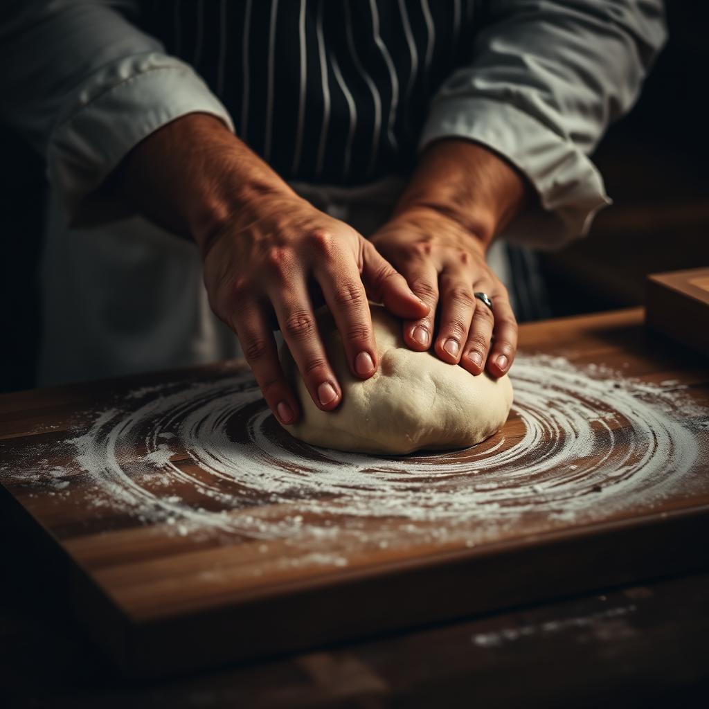 Bäcker knetet Teig von Hand